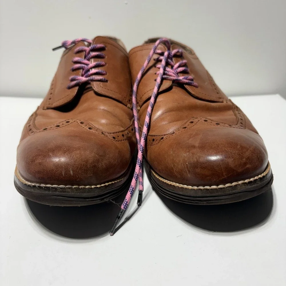 Cole Haan OriginalGrand Wingtip Oxford Mens Tan Leather Brogue Shoes Pink Laces